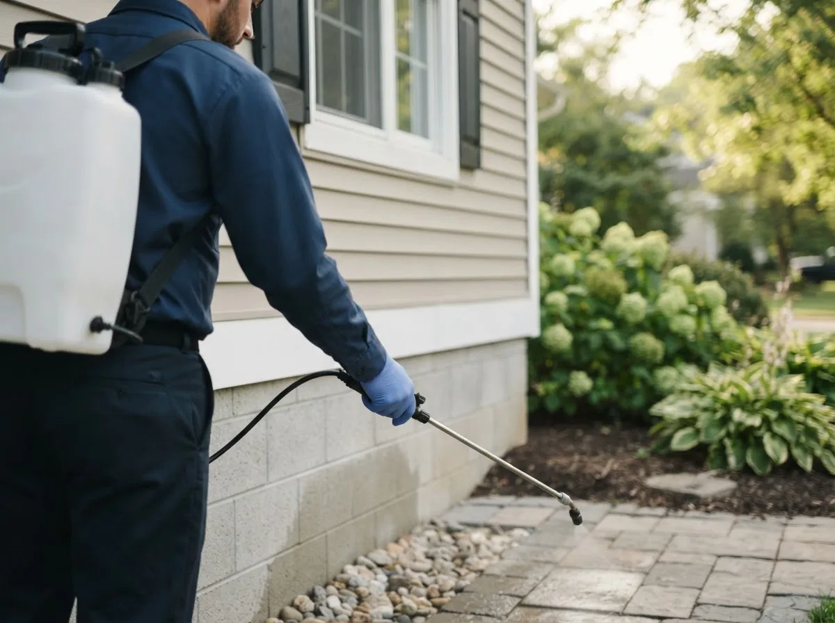 Pest control technician inspecting a home in Deer Creek, OK
